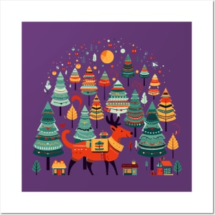 Cute Christmas Cartoon: Reindeer and Trees Posters and Art